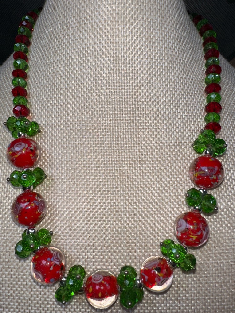 16” Vintage Czech Glass Wedding Cake Red & Green Glass Bead Necklace